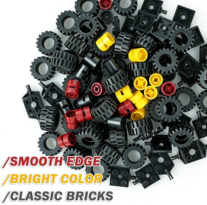 Pamvava Car Wheels and Axles Sets,100 Pieces Car Parts Building Kit with Tires, Vehicle Truck Wheel Compatible with Classic Bricks Toys (Black/Red/Yellow)