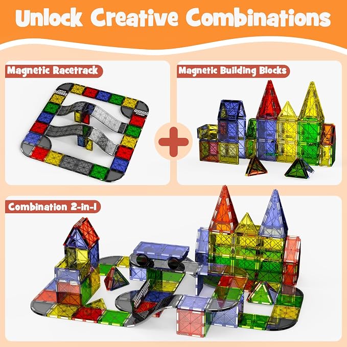 Magnetic Downhill Racer Set 40-Piece with Car & Tracks, STEM Magnetic Tiles Building Toys for Kids Ages 3-8, Montessori Learning Toys with Reinforced Slopes & Loop Pieces