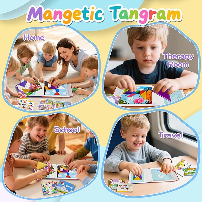 Magnetic Tangram for Kids Ages 4-8 with 30 Theme Pages & 368 Solutions Patterns Booklet & Metal Board, Magnetic Tangrams Puzzle for Kid, Magnet Tangrams Puzzle, Tangram for Kids Ages 4-8