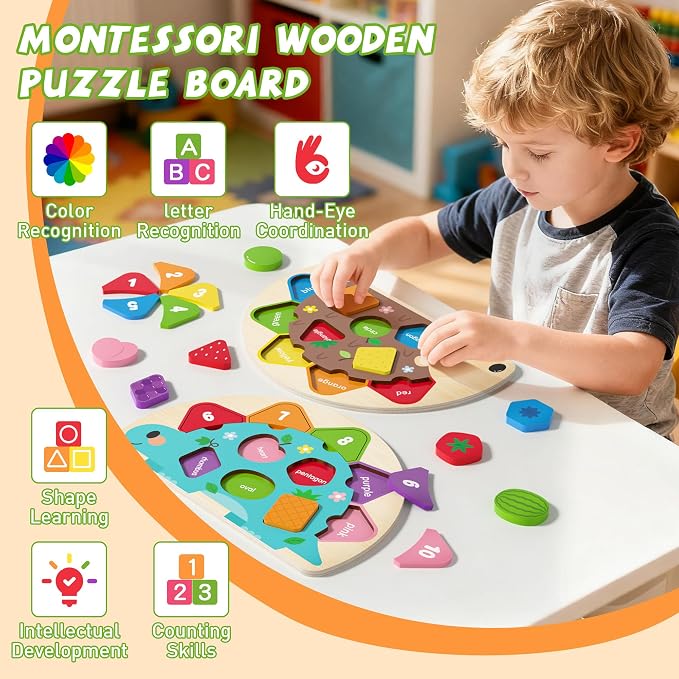 Montessori Toys for 1 2 3 Year Old, Wooden Puzzles Dinosaur Hedgehog Toy for Toddlers, Shape Sorter & Color Match Toddler Puzzles, Baby Puzzle Learning Toys Christmas Birthday Gifts for Girls Boys
