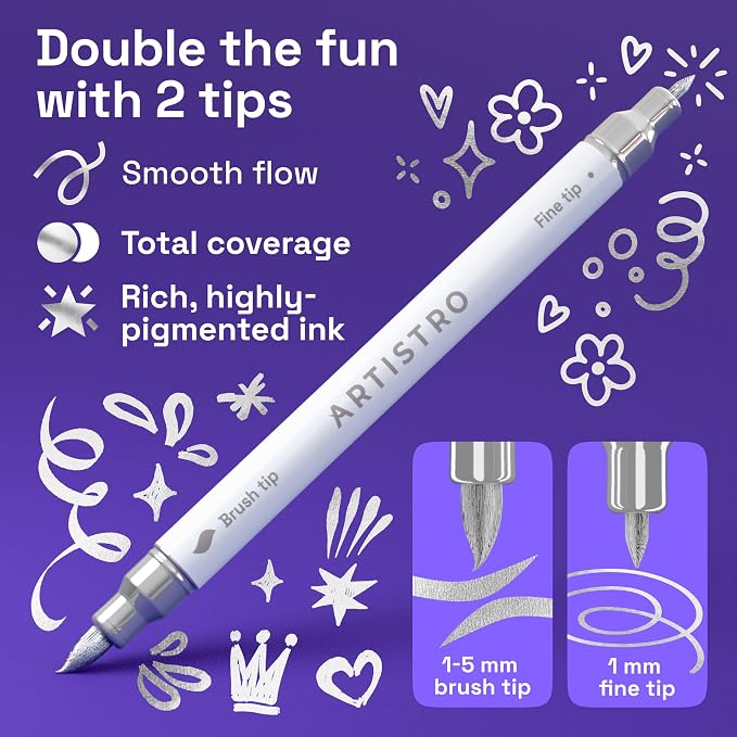 ARTISTRO 24 Silver Acrylic Paint Markers - Paint Pens for Drawing - For Fabric, Rock, Glass, Wood, Molds - Arts & Crafts Gift for Adults, Teens, Kids, Classroom Must Haves & School Supplies
