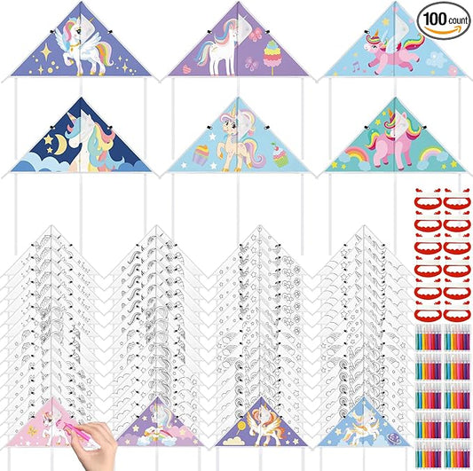 Syhood 60 Pcs DIY Coloring Kites Kit for Kids Pre-Printed Cartoon Animal Kites Summer Decorating Making Kit with Watercolor Pens and Strings Handles for Outdoor Game and Activities