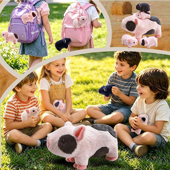 Pig Stuffed Animal，Cute Pig Mommy Stuffed Animal with 4 Baby Pig Plushies in Tummy，Kawaii Pig Plush Toy Gift for Kids Girls Boys
