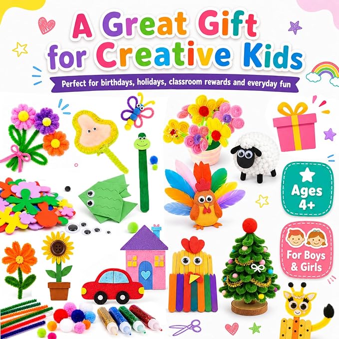 FUNZBO 2000Pcs+ Arts & Crafts Supplies Kits for Kids, DIY Craft Supplies for Toddlers Art Supply Tools Set Pipe Cleaners, Pom Poms and Feather, Birthday Gifts for Kid Girls Ages 4-8-12