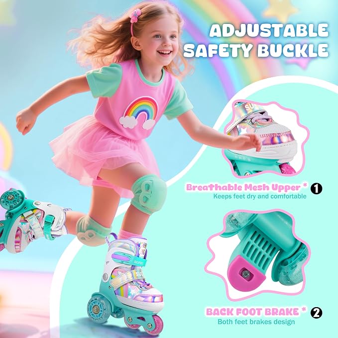 SULIFEEL Rainbow Unicorn 4 Size Adjustable Roller Skates for Girls Boys for Kids Ages 3-5 5-8 6-12 Children Skates Indoor Outdoor