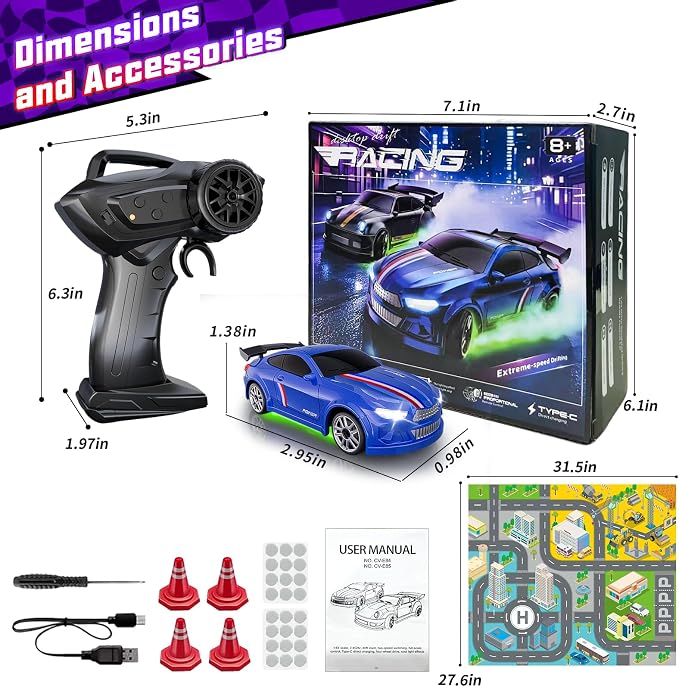 Mini RC Drift Car 1:64 Scale, Remote Control Car with LED Lights & 2-Speed Modes, 2.4GHz Stunt Drifting RC Toys with 4 Obstacles & Track Mat, Hobby Gift for Kids & Adults, Blue