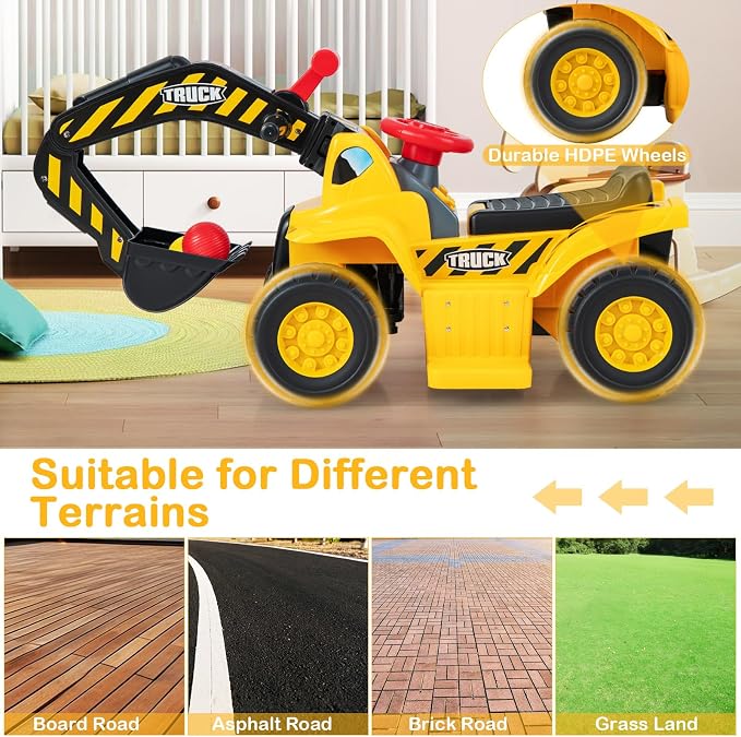 HONEY JOY Electric Ride on Push Car, Toddler Bulldozer Digger w/Balls & Basketball Hoop, Outdoor Digging Scoop, Flexible Bucket, 6V Ride on Excavator Construction Vehicle for Kids