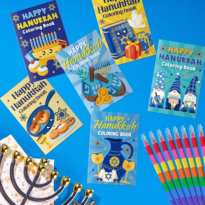 Cinrobiye 24 Set Happy Hanukkah Coloring Books Bulk Chanukah Activity Books Mini DIY Painting Drawing Set with Stackable Crayons for Festival of Lights Party Favor Gifts Goodie Bag Fillers