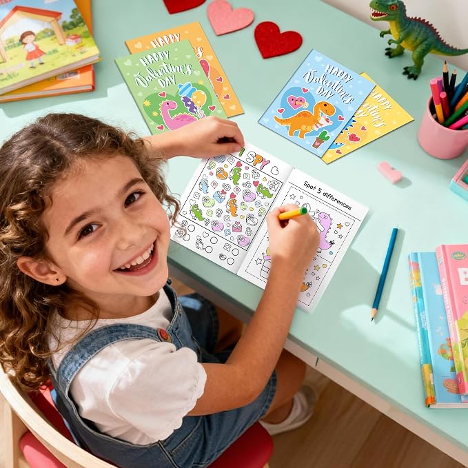 Valentine’s Day Activity Books for Kids - 24Pcs Dinosaur Theme Mini Games Coloring Book Set Bulk Mazes Word Search Word Scramble Games for Valentines Party Goodie Bags Stuffers School Classroom Favors