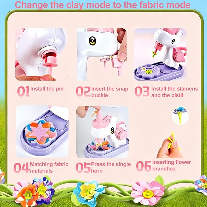 Unicorn 2-in-1 DIY Dough Flower & Fabric Bouquet Craft Kit - Fabric & Play Clay Flower Set, Educational Arts Crafts Toy for Boys Girls Ages 3-8, Perfect Birthday Holiday Gift for Preschool Kids