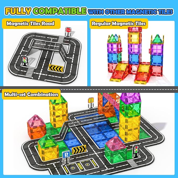 Magnetic Tiles Road Expansion Pack, STEM Magnetic Building Blocks for Kids, Educational Montessori Sensory Toys for Kids Ages 3-5 4-8 5-7, Christmas Birthday Gift for 3+ Year Old Boys Girls