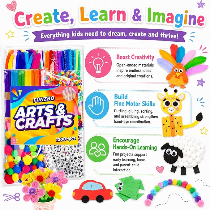 FUNZBO 1200pcs+ Craft Kits with Pipe Cleaners, Pom Poms for Crafts, Popsicle Sticks for Craft, Arts & Crafts Supplies for Kids Ages 4-8 Girls & Boys Birathday Gifts