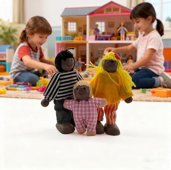 HYSTYLE 7 Pack Wooden Doll House Family Dollhouse Dolls Family Pretend Play Figures, Family Role Play Pretend Play Mini People Figures (African American)