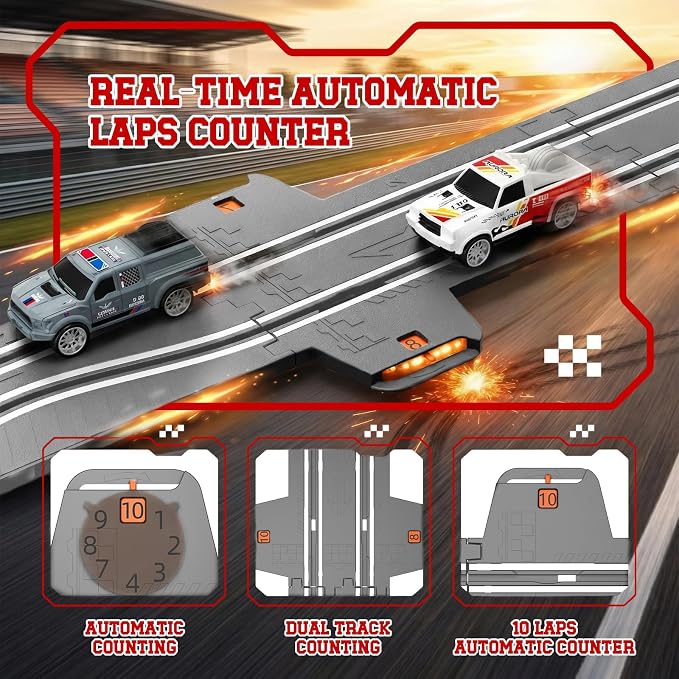 9.86ft 2-in-1 Slot Car Track Sets Toy - with 4 Cars, Battery or Electric Car Track Set with Dual Racing Game, Flash Circular Track, Lap Counter,Birthday Xmas Gifts Toys for Boys(S2-Concrete)