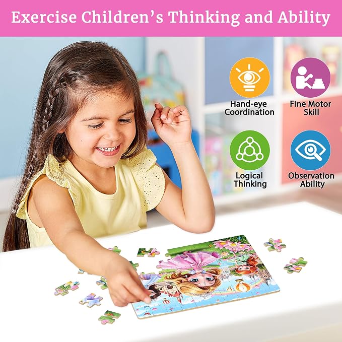 MZZOTOY Princess Puzzle for Kids Ages 4-8, 60 Pieces Jigsaw Puzzles for Kids Ages 3-5， Learning Educational Puzzles Toys Great Gift for Boys Girls in a Metal Box
