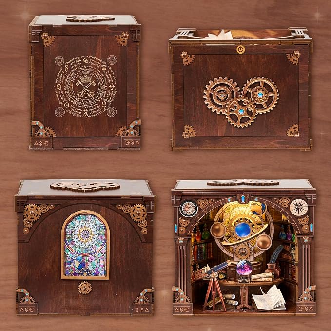 Book Nook Kit, Simple Booknook Bookend, Miniature Dollhouse House Kit | DIY 3D Wooden Puzzle for Beginner, Model Building with LED Light and Dust Cover - Gear and Divination Ball, Science vs Magic