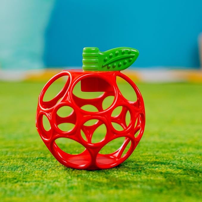 Bright Starts Oball Easy Grasp Red Apple Teether Toy, Hold My Own Collection, BPA Free, Unisex, Newborn and Up