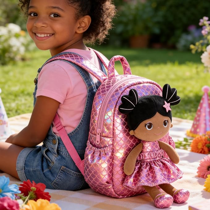 Lazada Toddler Backpack - Baby Girl Gifts Plush Doll Dress Backpack - Fashion Girls Tina Fish Scale Series - Rose Red11 Inches