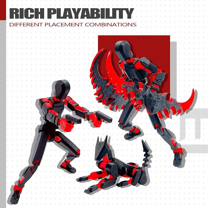 Uodofy (Assembly Completed) T13 3D Action Figure Set,Dummy Robo Titan 13 Action Figures,3D Printed Multi-Jointed Toy (Black Red + Dog)