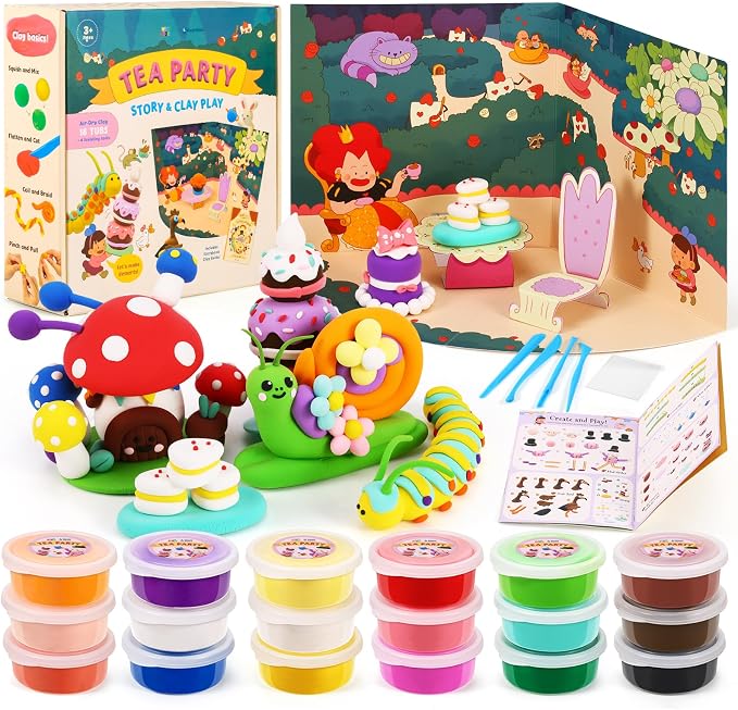 Air Dry Clay Kit for Kids, Modeling Magic Clays, 18 Colors with Storybook, DIY Tutorials, Tools & Scene Cards, Soft, Non-Sticky & Light, Clay Craft Gift for Boys & Girls Ages 3+ (Tea Party)