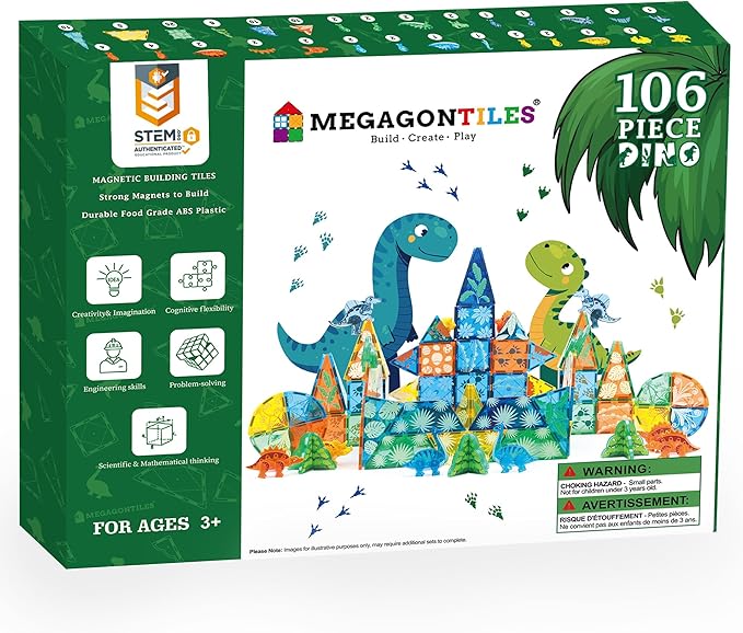 MEGAGONTILES Dinosaur Magnetic Tiles Set 106PCS | STEM-Authenticated Magnet Building Blocks with Dinosaur Animals | Educational Construction Toy for Toddlers & Kids Ages 3–8 (Boys & Girls)