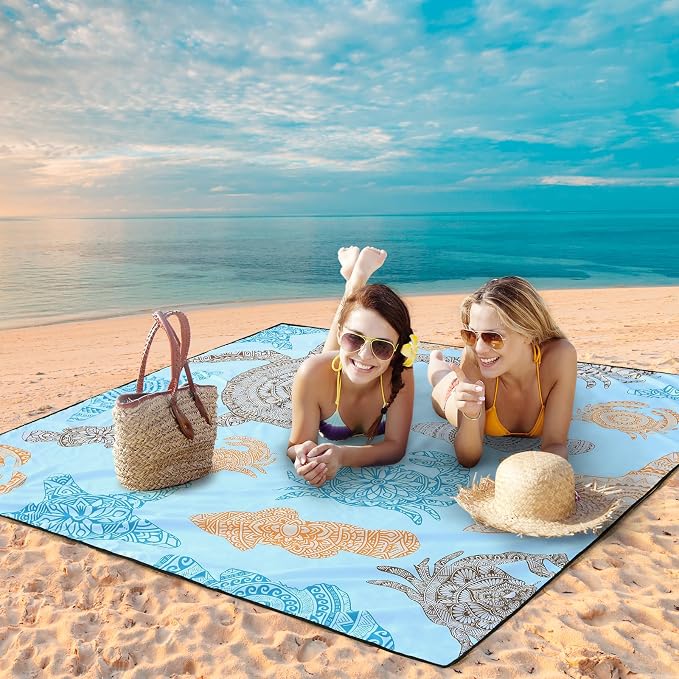 WIWIGO Beach Blanket Waterproof Sandproof Beach Mat 79" X 83"/10'x9'for 2-8 Adults Quick Drying Outdoor Picnic Mat Beach Accessories for Travel, Camping, Hiking