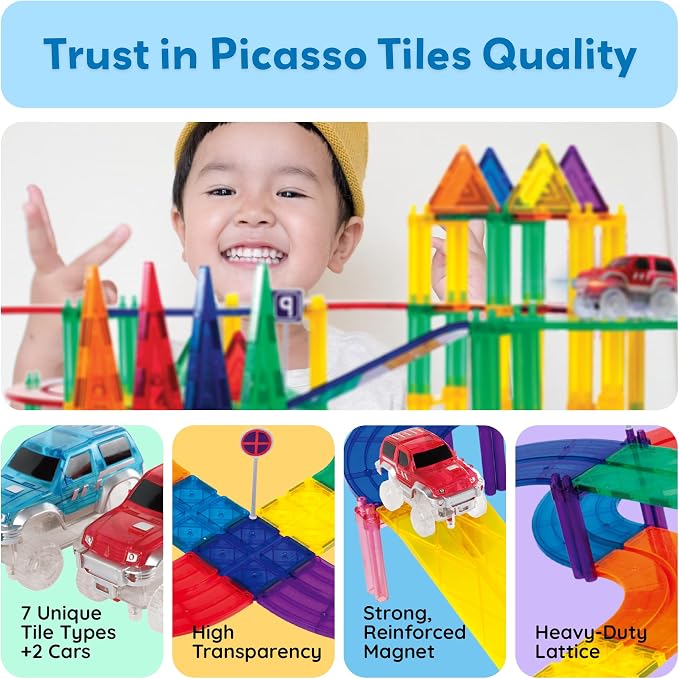 PicassoTiles 100 Pcs Race Track Magnetic Tiles Building Set LED Cars Truck Included with Adjustable Roads and Signs Multicolored STEM Toy Kit Construction Educational for Boys & Girls Ages 3+ PTR100