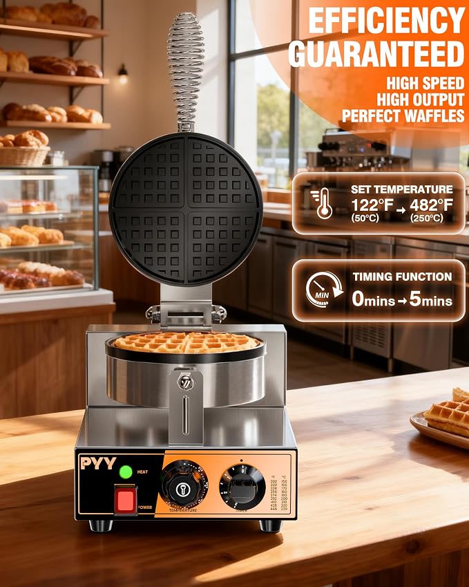 PYY Commercial Waffle Maker - 20Pcs/H Stainless Steel Round Belgian Waffle Machine, 1300W Non-stick Waffle Iron, Time Control and Temperature Adjustable, for Home Kitchen, Breakfast Restaurant