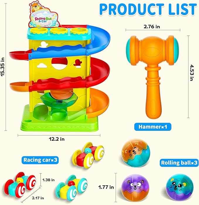 Funwee 2-in-1 Light Up Rolling Ball & Racing Car Ramp Toddler Toy, Race Track Hammer Ball Drop Toys, Interactive Montessori Learning Game for Kids 1-5+ Year Old Girl Boy Gift(Yellow)