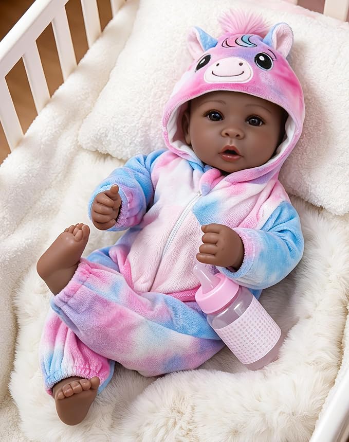Aori 17 Inch Black Lifelike Baby Dolls Realistic Black Girl Doll with Soft Lightweight Body, Colorful Pony Outfit & Feeding Accessories, for Girls Age 3+
