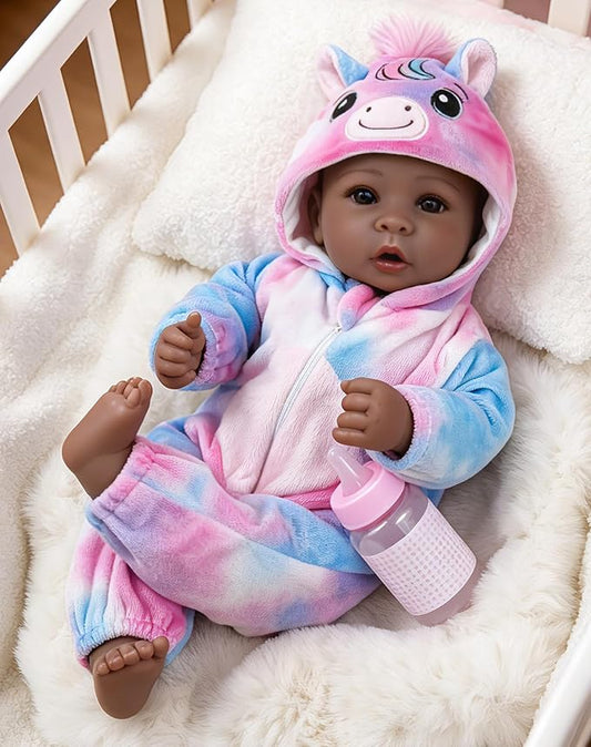 Aori 17 Inch Black Lifelike Baby Dolls Realistic Black Girl Doll with Soft Lightweight Body, Colorful Pony Outfit & Feeding Accessories, for Girls Age 3+