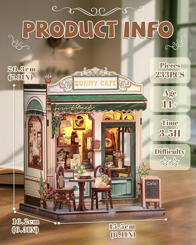 Cutefun Book Nook Kit - DIY Miniature Coffee Shop Dollhouse Kit for Adults and Teens, 3D Wooden Puzzle Bookshelf Insert Decor with LED Light, Gifts for Book Lovers and Beginners (Sunny Cafe)