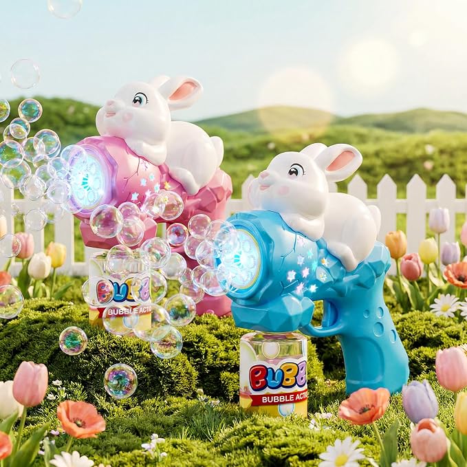 2 Pack Bubble Gun for Kids, Rabbit Bubble Machine for Toddler with LED Lights, 12000+ Bubble/Min, 360° Leak-Proof Bubble Blower Blaster Toy, Outdoor Summer Play, Easter, Wedding & Birthday Gifts