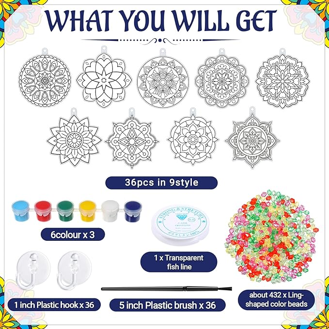 Pasimy 36 Sets Mandala Suncatchers Crafts Kit Flower Window DIY Hanging Ornaments Decorations Spring Summer Paint Your Own Activities Arts Project Party Favors Gifts for Mother Classroom Home