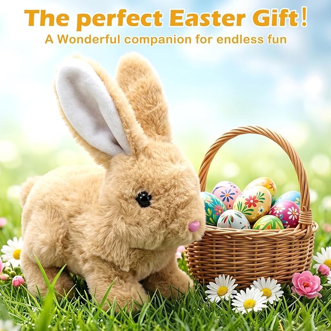Hunfur Realistic Bunny Toy that Moves, Hopping Walking Bunny Toy for Kids, Interactive Animated Bunny Plush, Cute Electric Bunny Toy Gift for Girls Boys Toddler Easter Toy