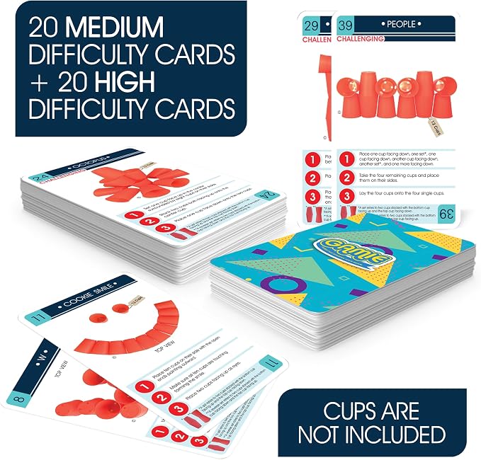 Gamie Challenge Cards for Stacking Cups Game - 40 Additional Cards With Instructions - 20 Medium and 20 High Difficulty for Next Level Fun - Cups Sold Separately