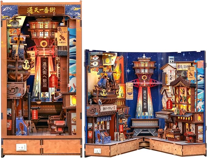 CUTEBEE Book Nook Kit - Japanese Foldable DIY Miniature Dollhouse, Warm LED Bookshelf Alley Decor Model, Building Kit Gifts for Adults Teens Family Friends (Tsutenkaku Ichiban Street)