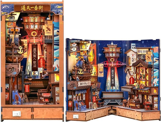 CUTEBEE Book Nook Kit - Japanese Foldable DIY Miniature Dollhouse, Warm LED Bookshelf Alley Decor Model, Building Kit Gifts for Adults Teens Family Friends (Tsutenkaku Ichiban Street)