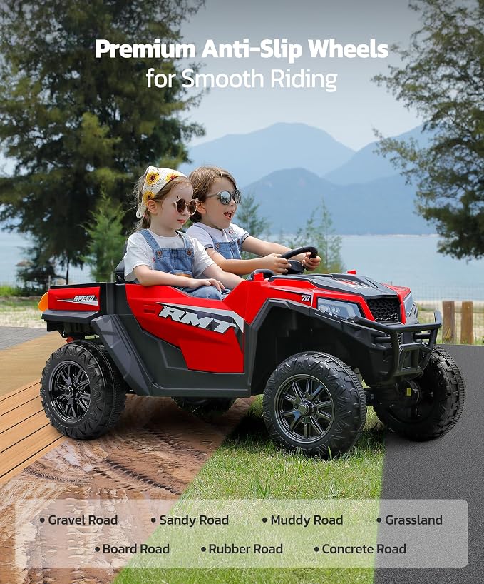 ELEMARA 24V Ride on Toy for Big Kids,Ride on Car 2 Seater w/Sun Shade,Dump Bed & Shovel,4.5MPH,4WD Electric Car for Kids,Battery Car w/Remote,Kids Ride on Truck,3 Speeds,LED Lights,Bluetooth, Red