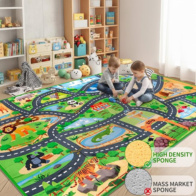 Car Rug Play Mat,3'3" x 4'11" Zoo Park Road Car Mat for Kids,Non-Slip Animal Car Track Rugs for Kids Toy Cars,Educational Kid Road Playmat Rug for Playroom Bedroom Kid Room(for Age 2+)