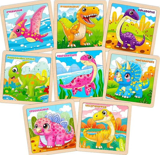 Wooden Dinosaur Puzzles for Toddlers, 8 Pack 9 PCS Jigsaw Puzzles for Kids, Wooden Puzzles for Toddlers 3-5, Dinosaur Toys for Kids 3-5, Preschool Puzzles Learning Educational Sets Toys