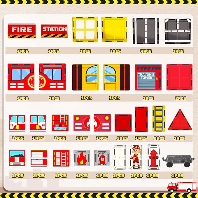 Fire Station Magnetic Tiles for Kids, Building Toys for Kids Ages 4-8 with Fire Truck, Firemen, Road Magnet Tiles STEM Magnetic Blocks for Kids Ages 4-8, Building Toys for 3+ Year Old Boys Gifts