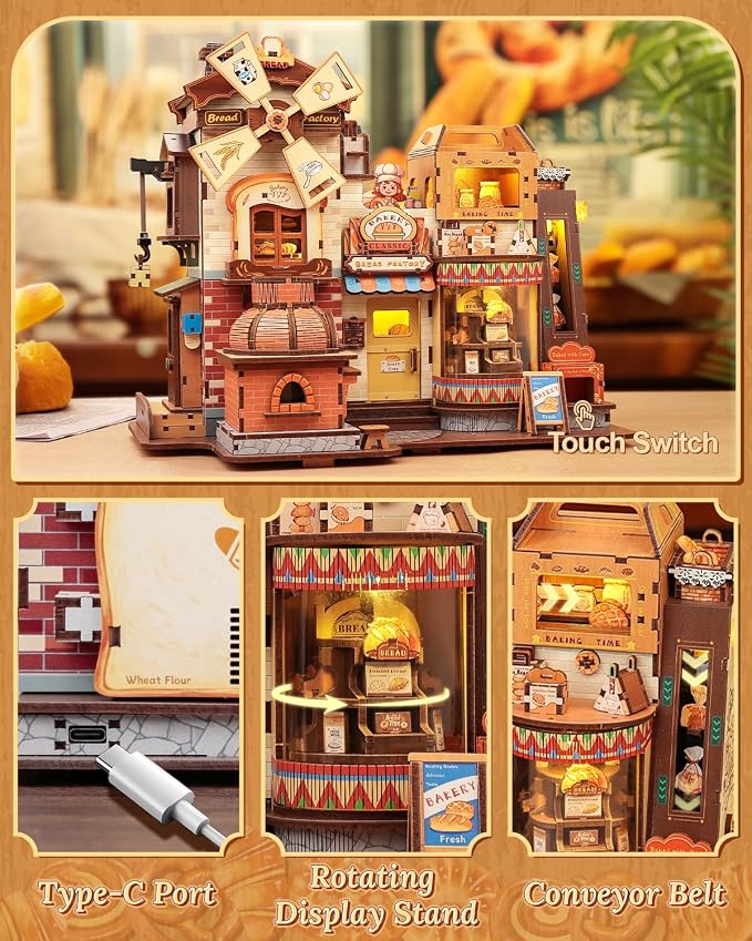 CUTEBEE 3D Wooden Model Building Kit Music Box - DIY Diorama Kit with LED Light, Music, Atomization Smoke, Type-C Power & 360° Rotating Display, Home Decor, Gifts for Teens & Adults (Bread Factory)