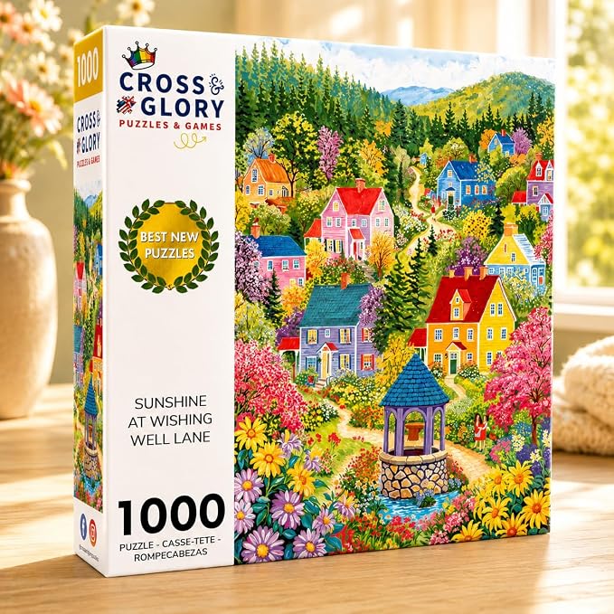 Cross & Glory - Sunshine at Wishing Well Lane - 1000 Piece Jigsaw Puzzle for Adults | Colourful New England Village Puzzle | Scenic Springtime Family Scene | Challenging and Relaxing
