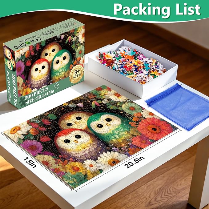 300 Piece Puzzles for Adults,Colorful Owl Bird Puzzle for Kids Adults Seniors,Blooming Floral Nature Puzzle with Letters on Back, Challenging Fun Puzzle for Family Activity Game Nights Gifts,20.5×15in