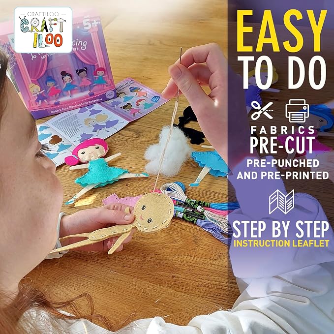 CRAFTILOO Ballerina Dancers Sewing Kit for Kids, Fun and Educational Craft Set for Boys and Girls Age 5-12, Sew Your Own Felt Ballerina Craft Kit for Beginners