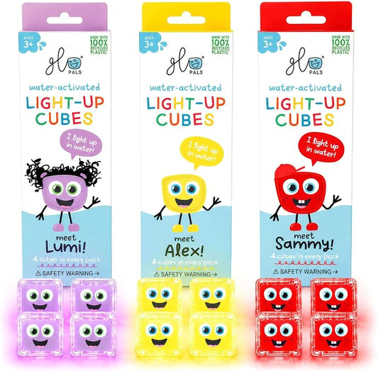 Glo Pals Water-Activated Light-Up Sensory Bath Toy Cubes for Bathtime and Sensory Play, Vibrant Light-Up Colored Cubes for Kids and Toddlers, Glows Purple, Yellow, and Red, Pack of 12