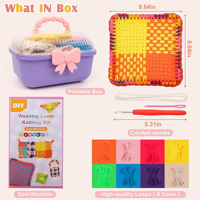 Upgraded Frame Weaving Loom Kit for Kids, Beginner Crochet Kit with 224 Loops, DIY Arts and Crafts Potholder Loom Knitting Projects, Toys for Ages 6-12, Ideas Birthday Gifts for Girls 7 8 9 10 11 13