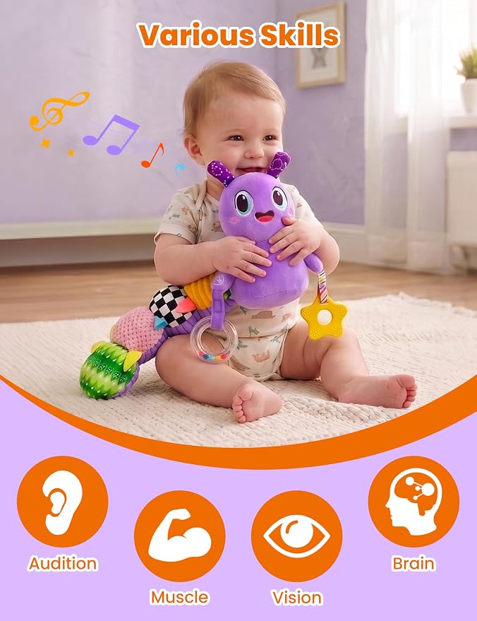 Musical Caterpillar Baby Sensory Toy for Infant Development 0-12 Months – Newborn Bath, Car Seat, Stroller & Bassinet Activity Toy & Gift – Tummy Time Crawler & Teether(Purple)