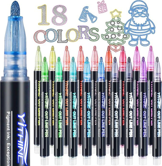 Outline Markers, 18 Metallic Shimmer Glitter Gel Pens, Tween Teen Girl Gifts Trendy Stuff, Cool Cute Art Craft School Drawing Supplies, Birthday Fun Kits for Kids Girls Ages 4 6 8 10 12 Year Old